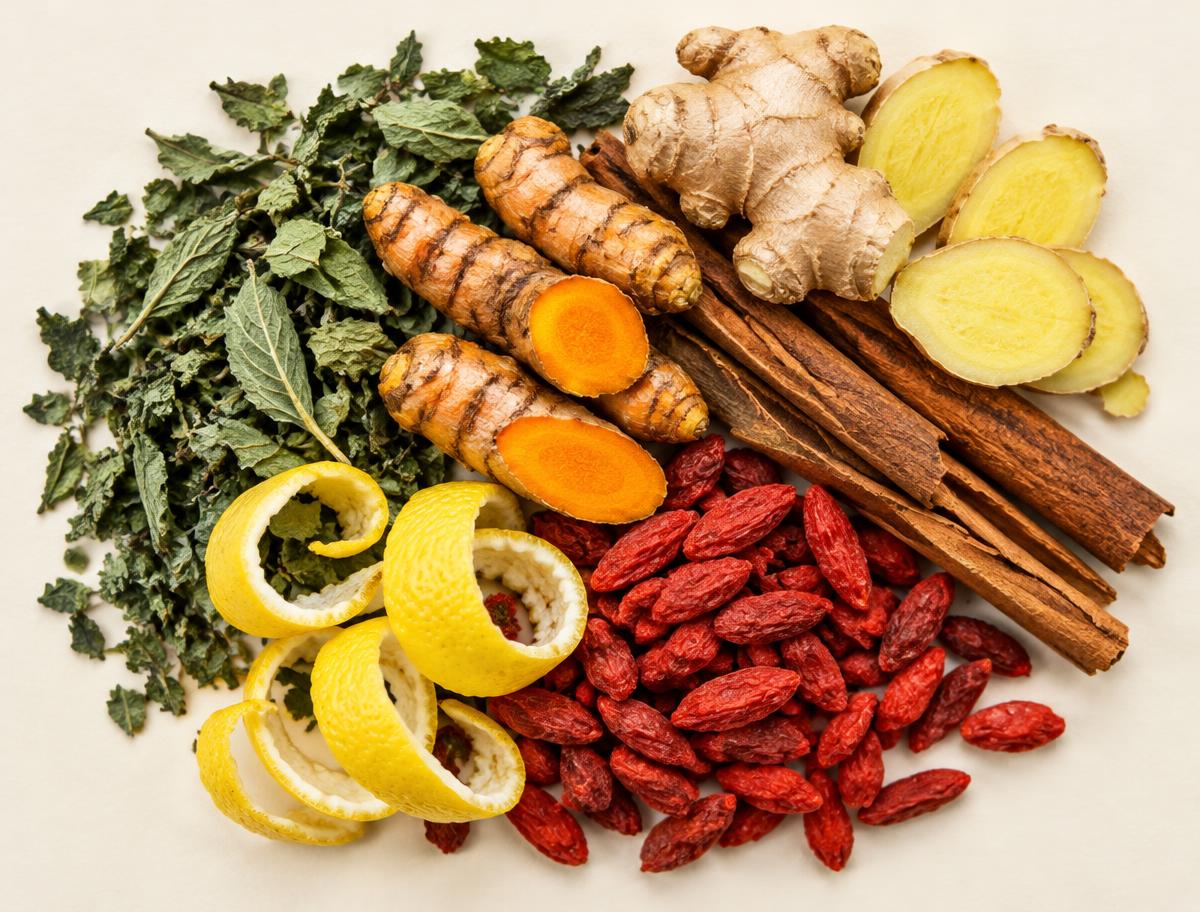 Dried herbs, turmeric, ginger, cinnamon sticks, lemon peel and goji berries arranged on a cream surface