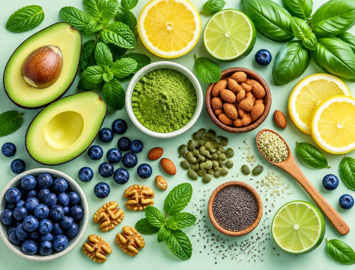 Fresh whole-food ingredients such as avocado, lemon, lime, mint, berries and seeds laid out on a mint surface