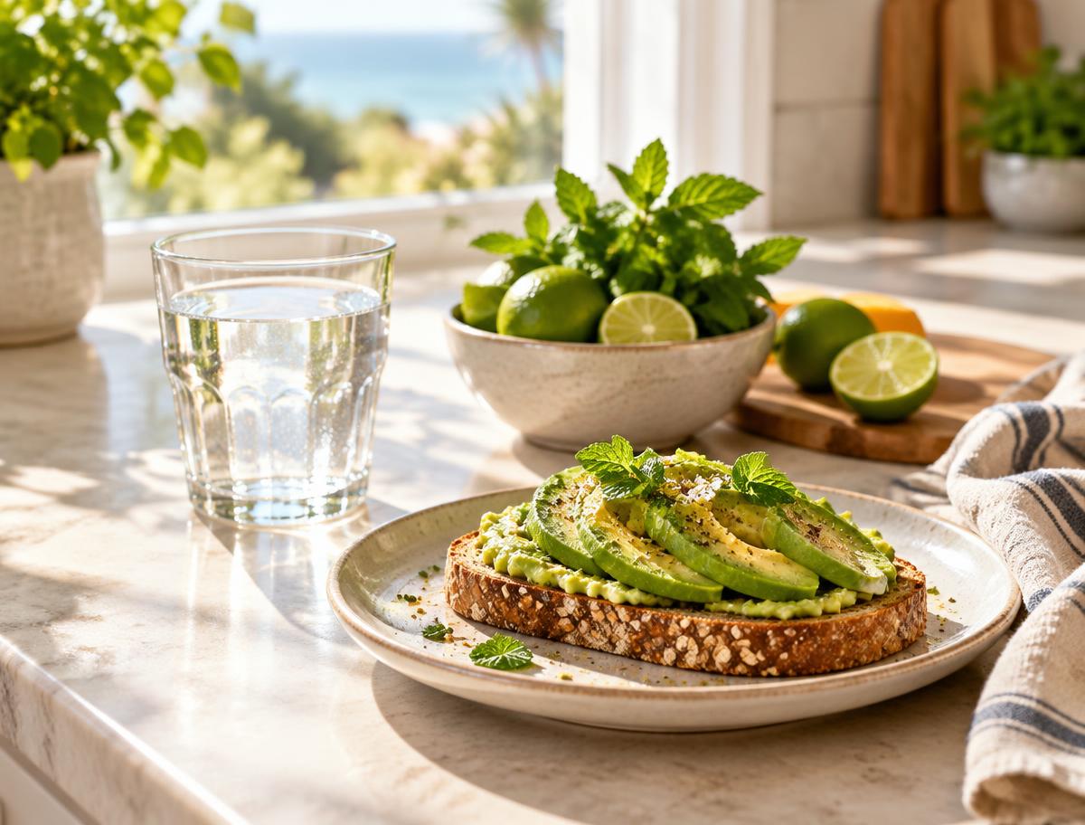 Sunlit kitchen counter with avocado toast, a glass of water and fresh limes